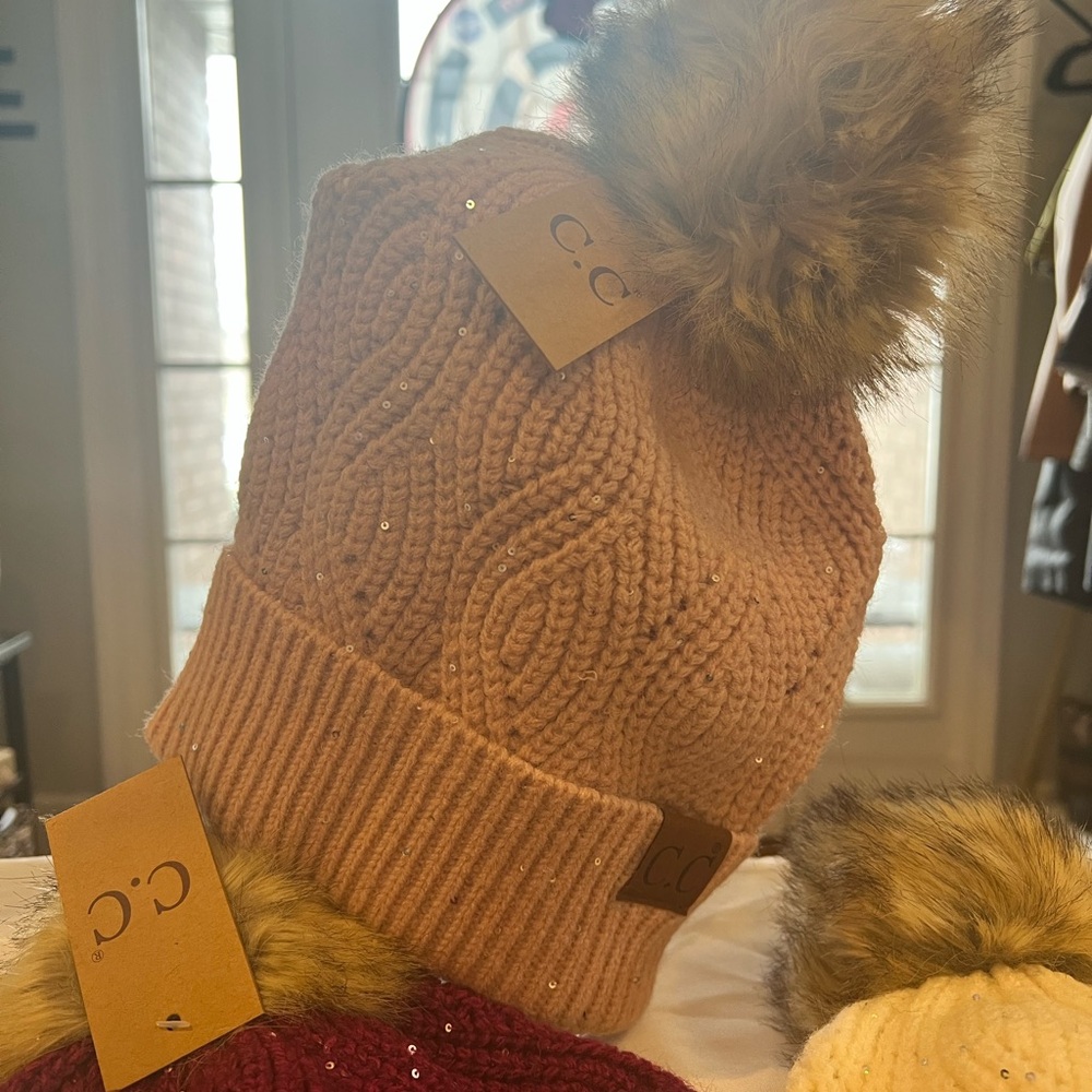 Sequin Brioche Cable Knit Fur Pom C.C Beanie HAT